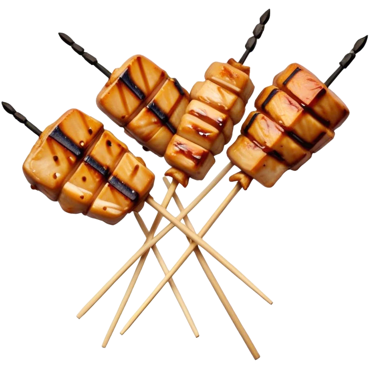 Cinematic Realistic Yakitori Dish Emoji, depicted as skewered, grilled chicken pieces with a charred finish rendered with crisp textures and appetizing, natural lighting. emoji