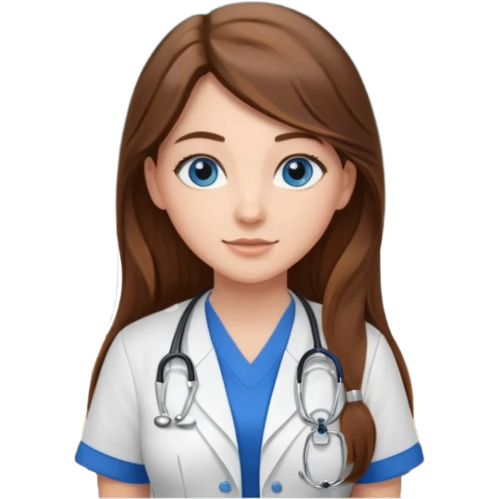 inside a classroom at university that says nursing school on the board with a pretty female nursing student with long brown hair, blue eyes emoji