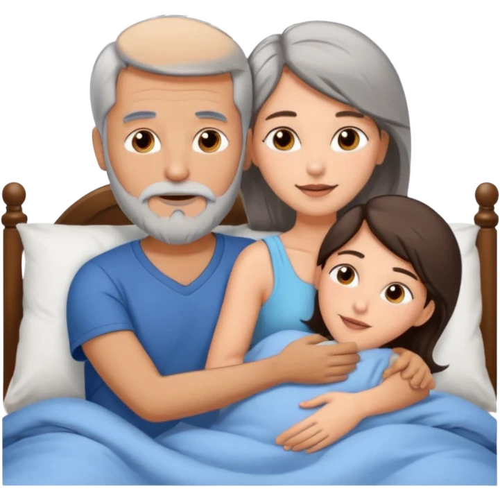 Man with grey hair and beard, and beautiful brunette woman in bed in spooning position  emoji
