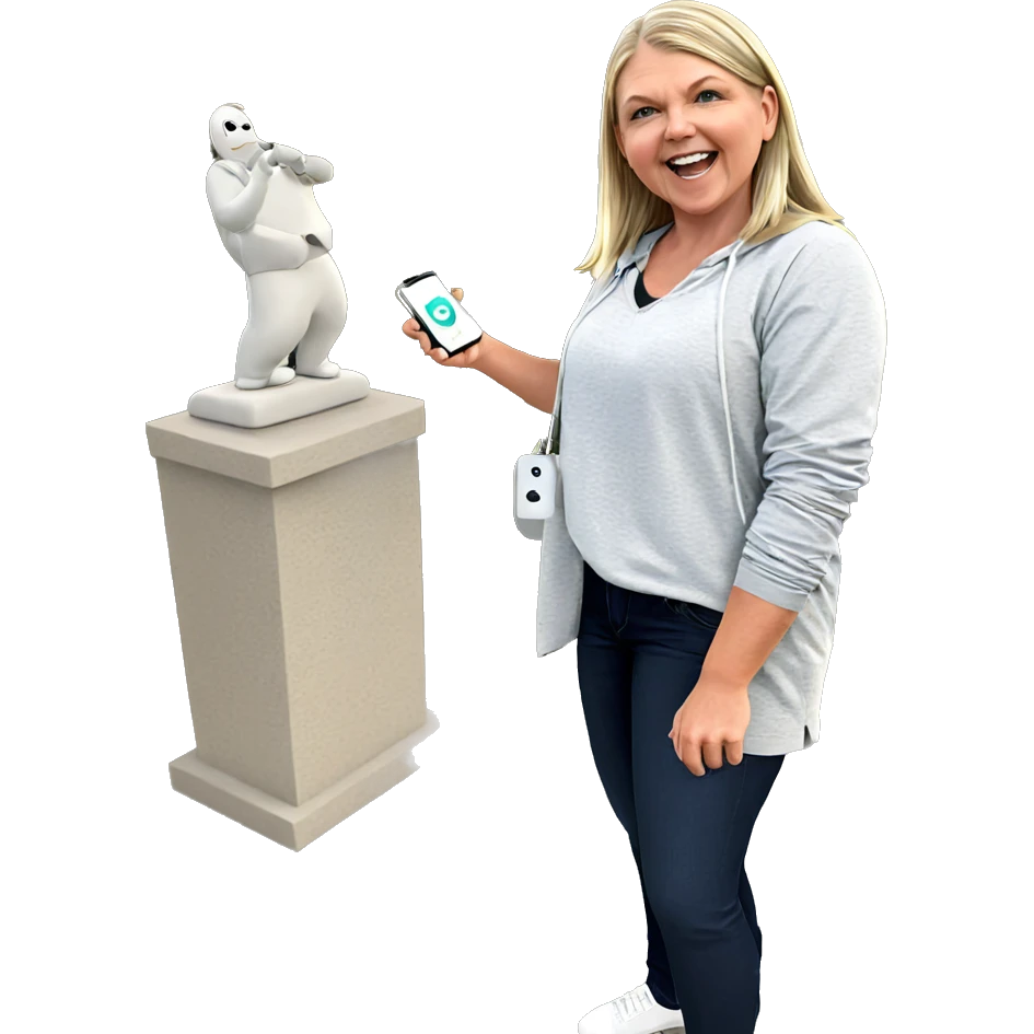 smiling girl outdoors with phone emoji