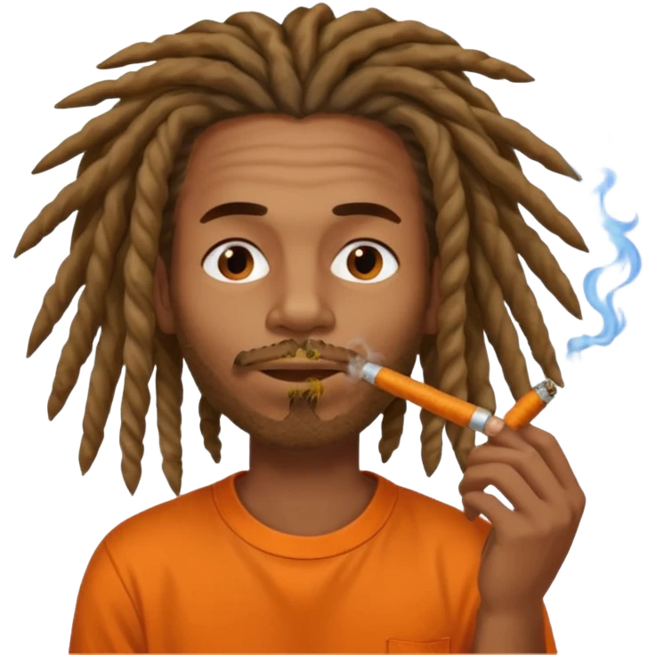 Brownskin man with long dreadlocks orange shirt smoking weed blunt in mouth emoji