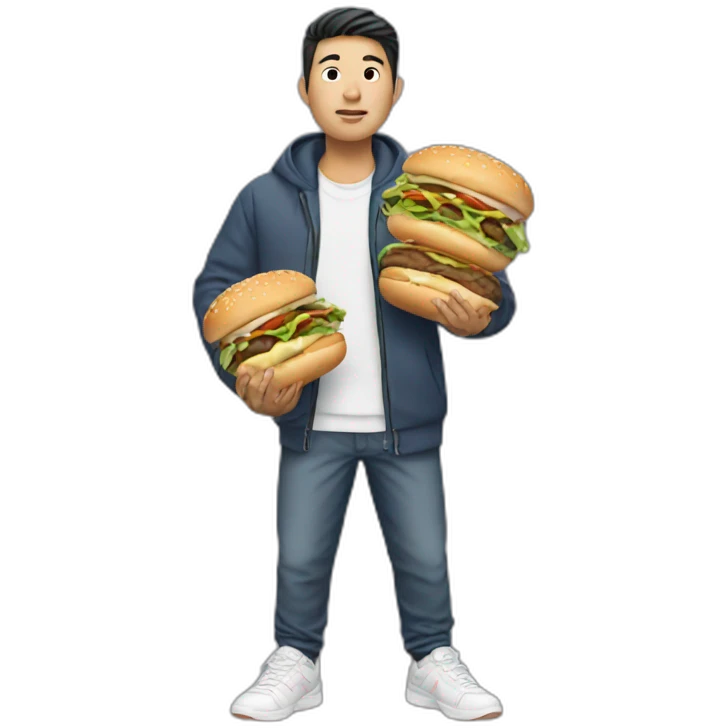 an asian man holding two burgers wearing sneakers emoji