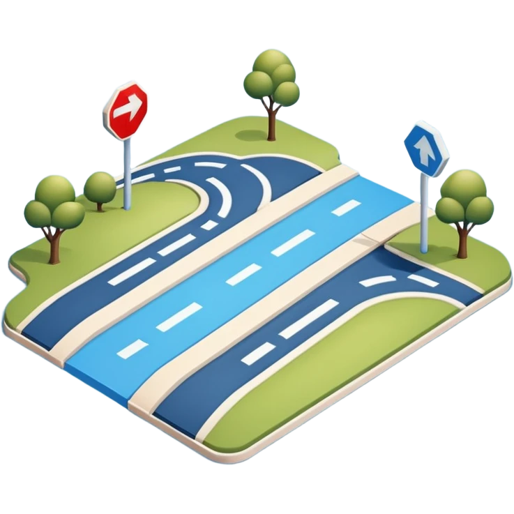
A 3D minimal icon showing a street route with a clear path, blue road with white markings, in a clean, minimal 3D style and a transparent background. emoji