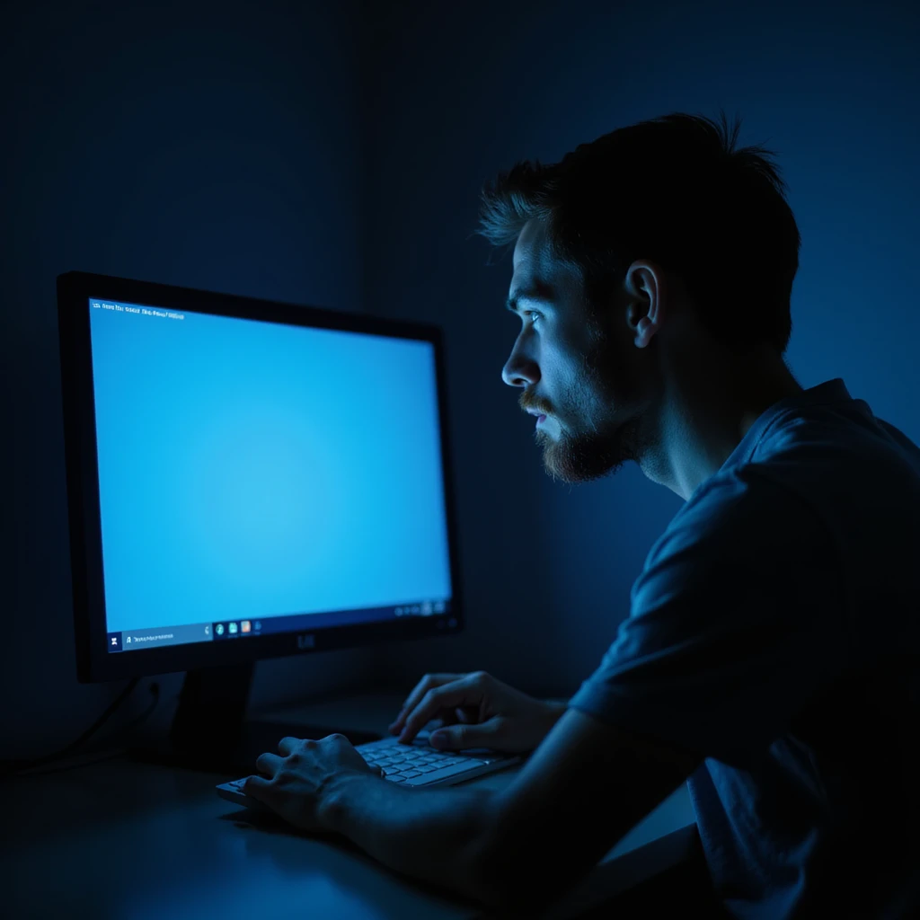 hyperrealistic 4K image of a man searching for symptom information on a computer, worried face, blue screen light, dark room emoji