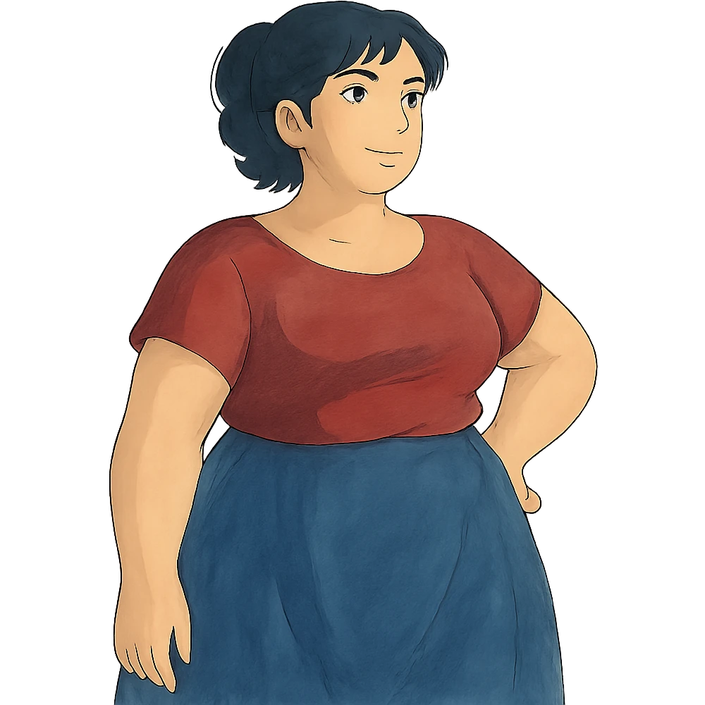 ghibli style soft and artistic illustration of a confident woman with a curvy figure emoji