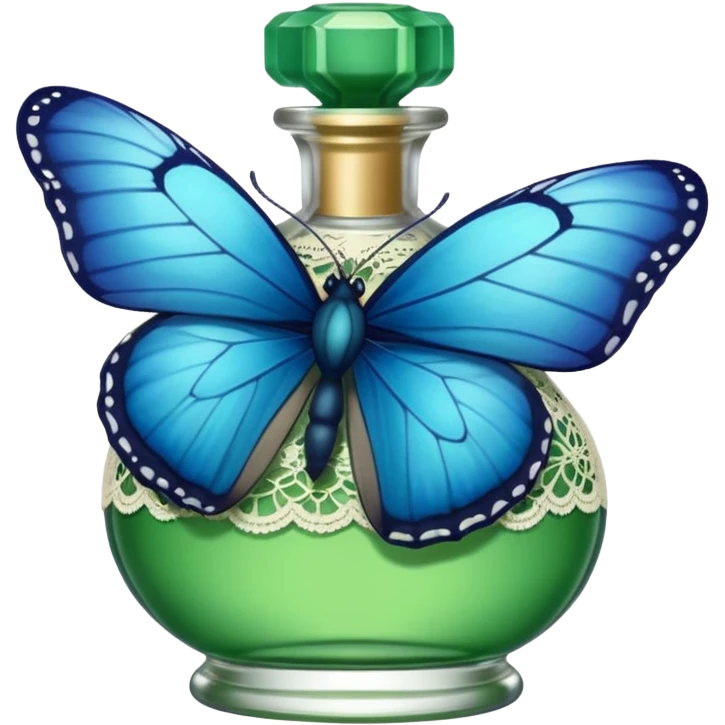 small blue butterfly sitting on the rim of a lace-edged green perfume bottle emoji