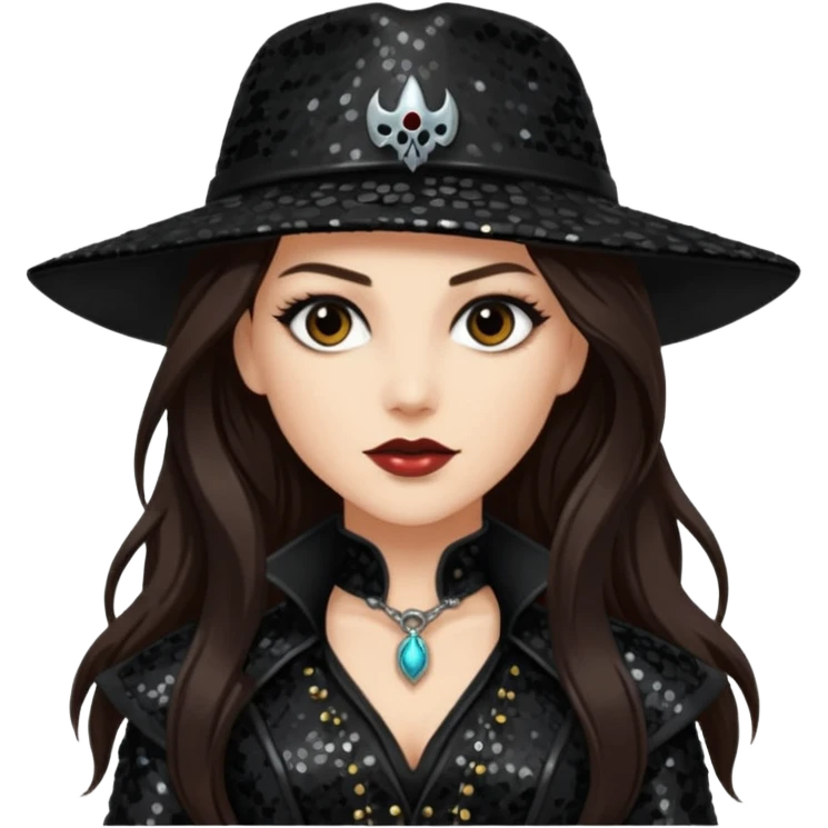 Van Helsing from Dracula with long dark brown hair, black sequin outfit emoji