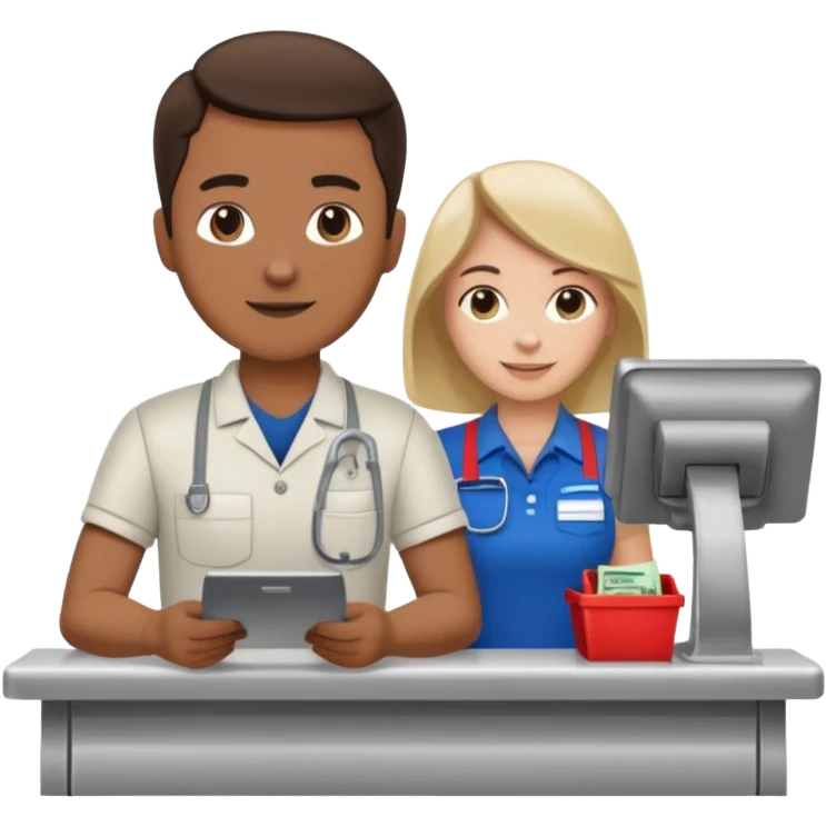 Supermarket employee at a cash register, full body, serving a man emoji