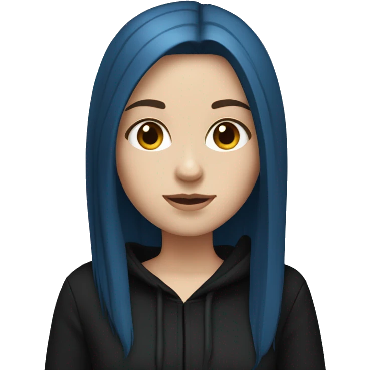 white girl with long straight dark blue hair wearing black hoodie emoji
