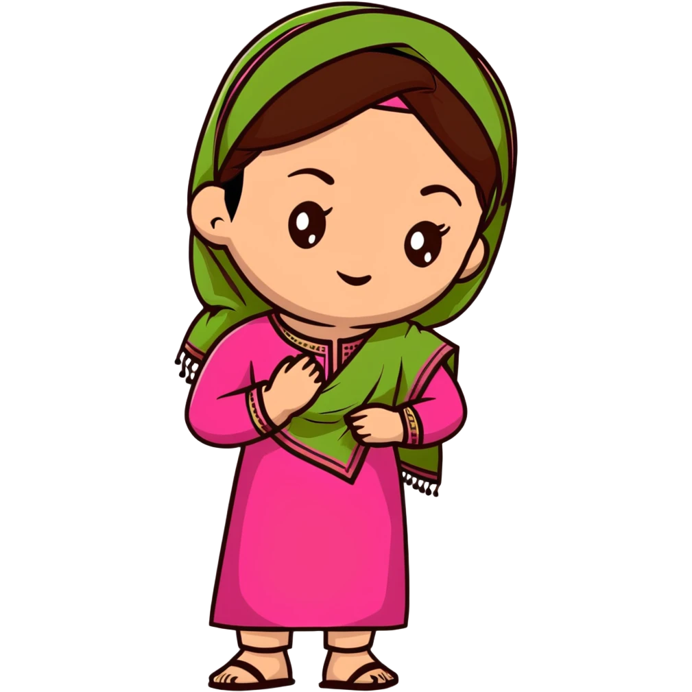 girl with light wheatish skin, dark brown hair, wearing dark pink kurti with sage green dupatta on head emoji