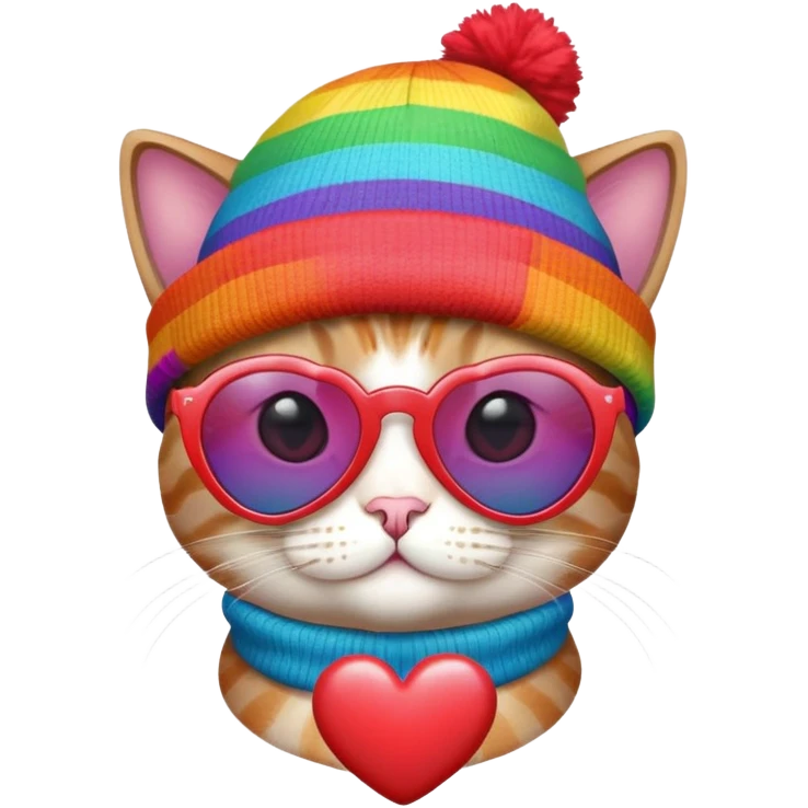 cat wearing a rainbow beanie and heart-shaped sunglasses emoji