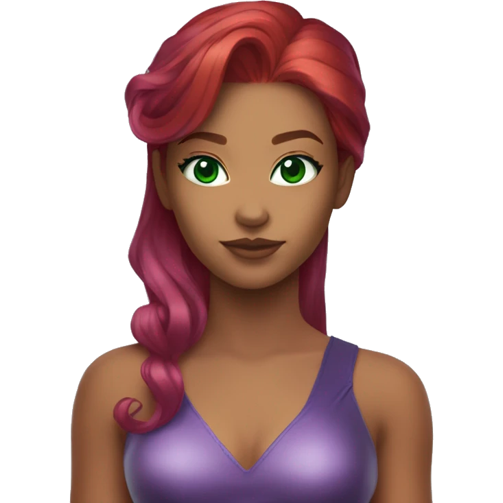 dc comics starfire red hair; purple silver outfit; jade green eyes emoji