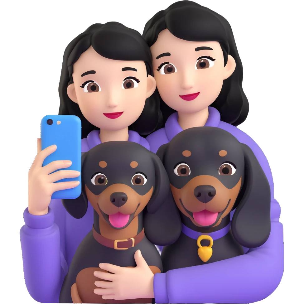 black hair asian girl taking selfie with black dachshund emoji