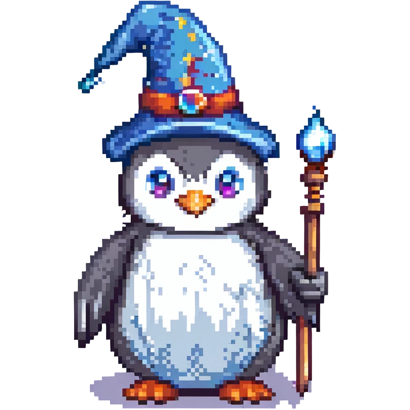 pixel art penguin wizard with a wand and wizard hat emoji