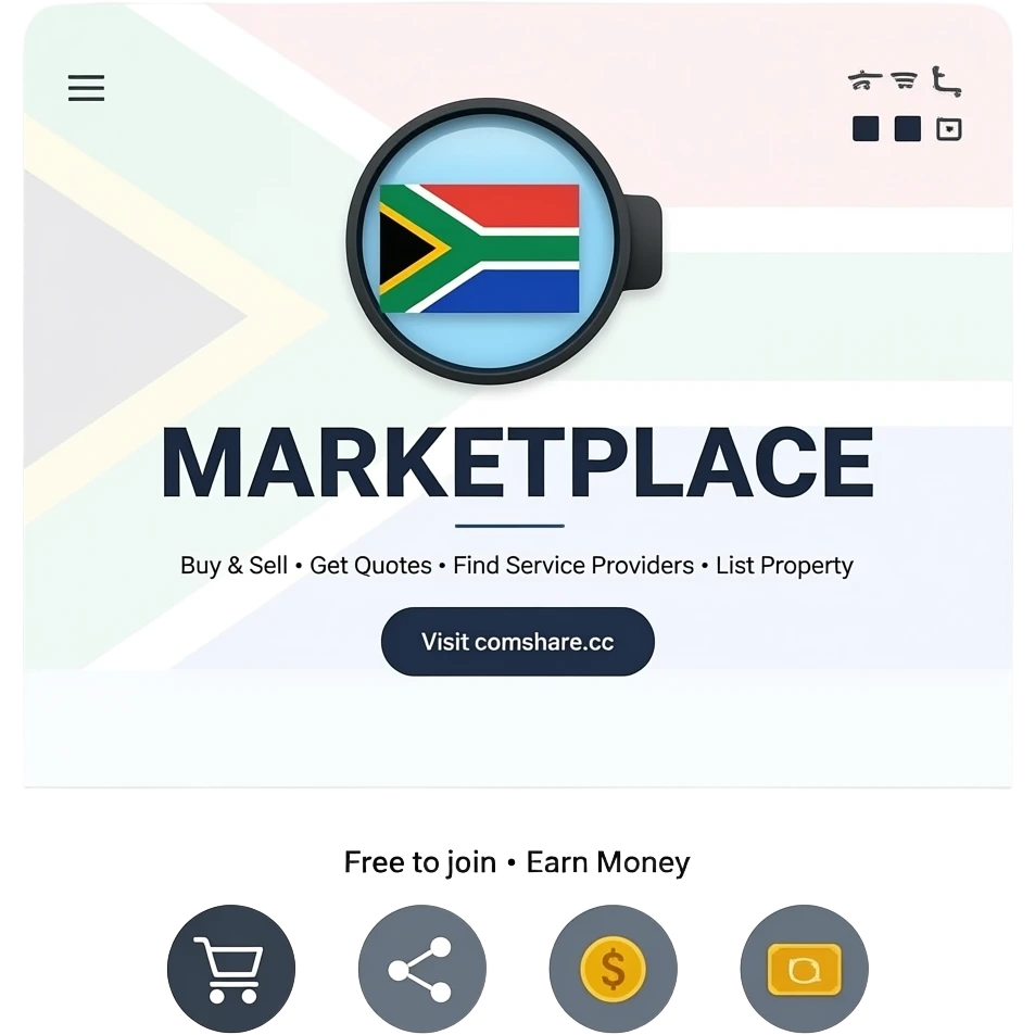 Main heading: "MARKETPLACE" Subtext: "Buy & Sell • Get Quotes • Find Service Providers • List Property" Call to action: "Visit comshare.cc" Bottom text: "Free to join • Earn Money"  Style: Modern, clean, professional. South African themed.   Include subtle icons for shopping, sharing, money. emoji