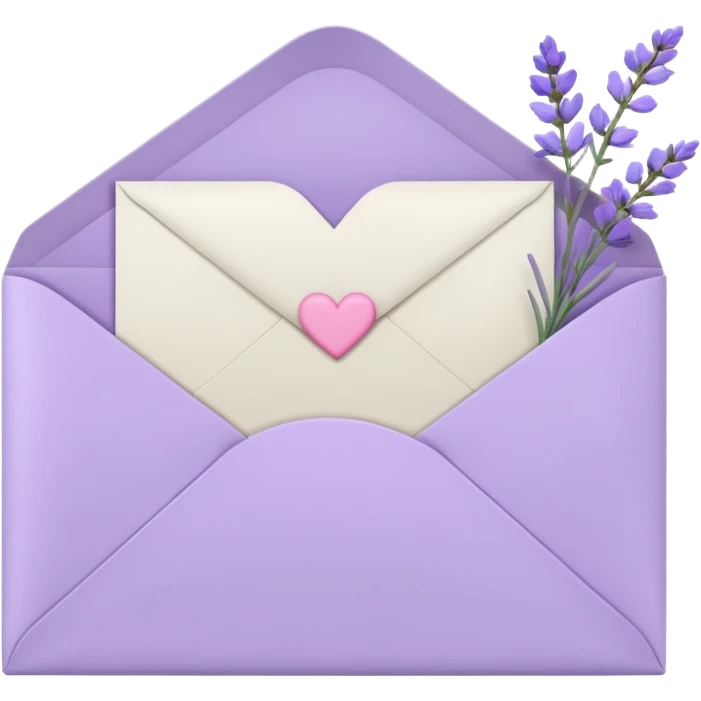 a closed pastel light whitish purple envelope wit a lined heart doodle on it, with h some white papers, and lavender flowers laying on top  emoji
