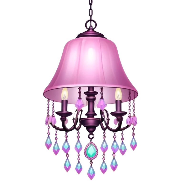 PInk iridescent Bell with chained hanging crystals LAMP with feathers CHANDELIER emoji