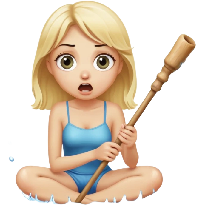 blond woman sitting on her knees with wide eyes, she's holding a wide stick with a D-shaped knob, the stick is made of skin, water squirting from the knob into her mouth, shocked face emoji