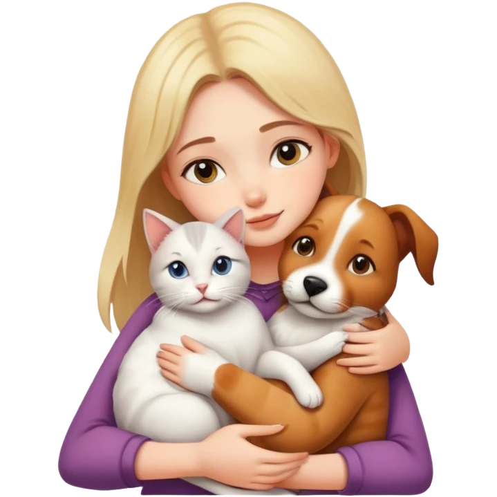 Beautiful girl hugs a cat and a dog tightly emoji