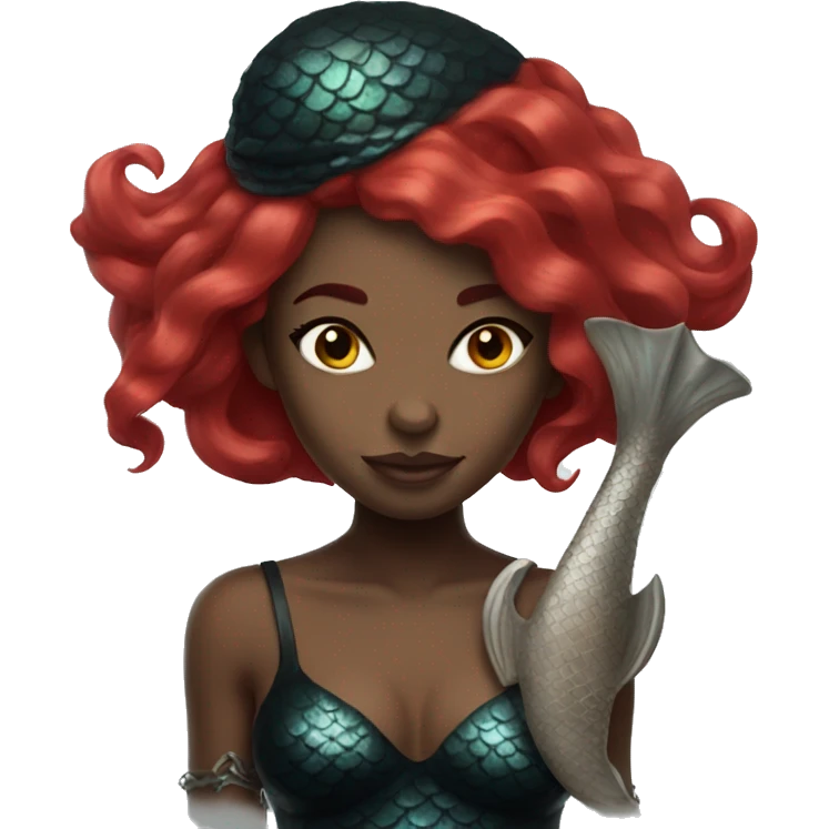 black mermaid with red hair holding skull emoji