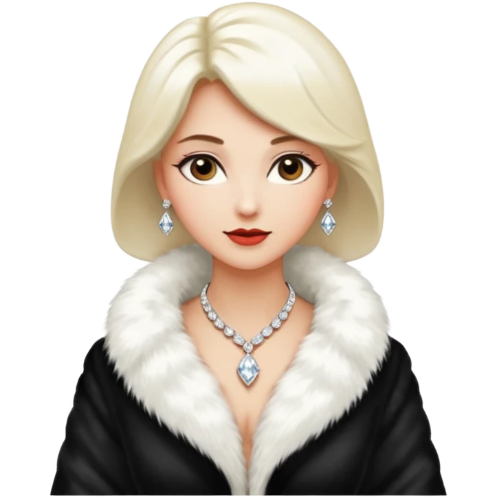 * Character: A stylish lady
* ﻿﻿Clothing: A luxurious white fur coat
* ﻿﻿Accessories: A dazzling diamond necklace
* ﻿﻿Expression: Confident, elegant, maybe slightly glamorous
* ﻿﻿Pose: Head slightly tilted or a poised posture
* ﻿﻿Style: Emoji-like, simple but expressive emoji