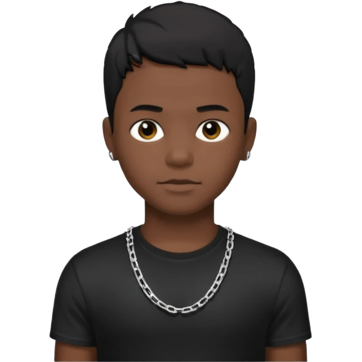 Generate a emoji of a black boy wearing a black compressed T-shirt with short black hair and make him wearing a silver chain and make the chain thin emoji