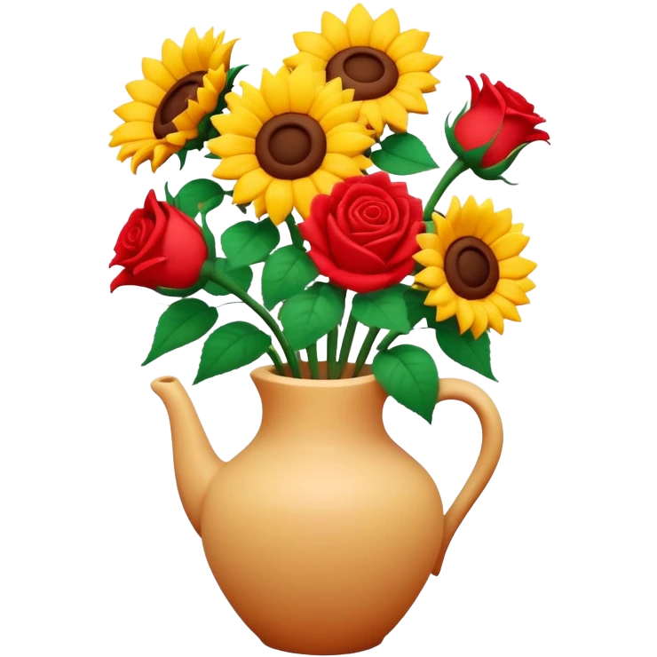 sunflowers and red roses bouquet in a ceramic vase, soft claymation realistic emoji