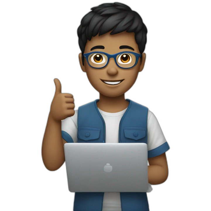 white young boy with blue glasses, short black hair, shaven on both sides, holding a laptop with one hand while the other hand is making the thumb up gesture emoji
