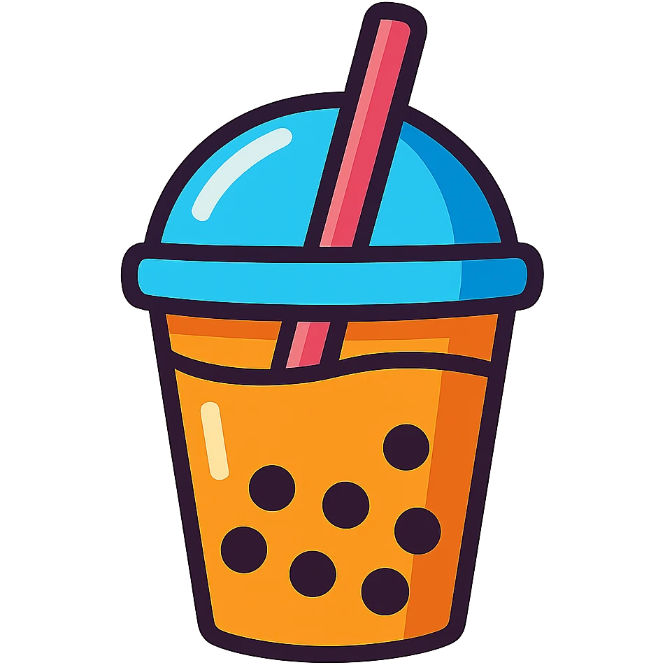 milktea paper cup with a dome lid and straw, stylized, fun emoji