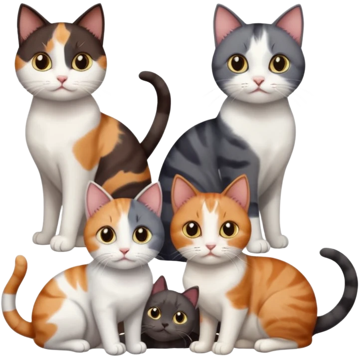 5 different coloured short haired cats including; a dark brown and white cat, and a dark grey and white, and a calico emoji