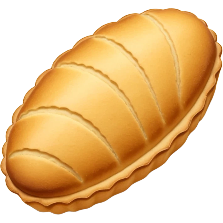 A madeleine pastry. Oval shaped with vertical lines going in the same direction as the oval. Light golden brown. Scalloped edge. Cookie. Stretched out oval emoji
