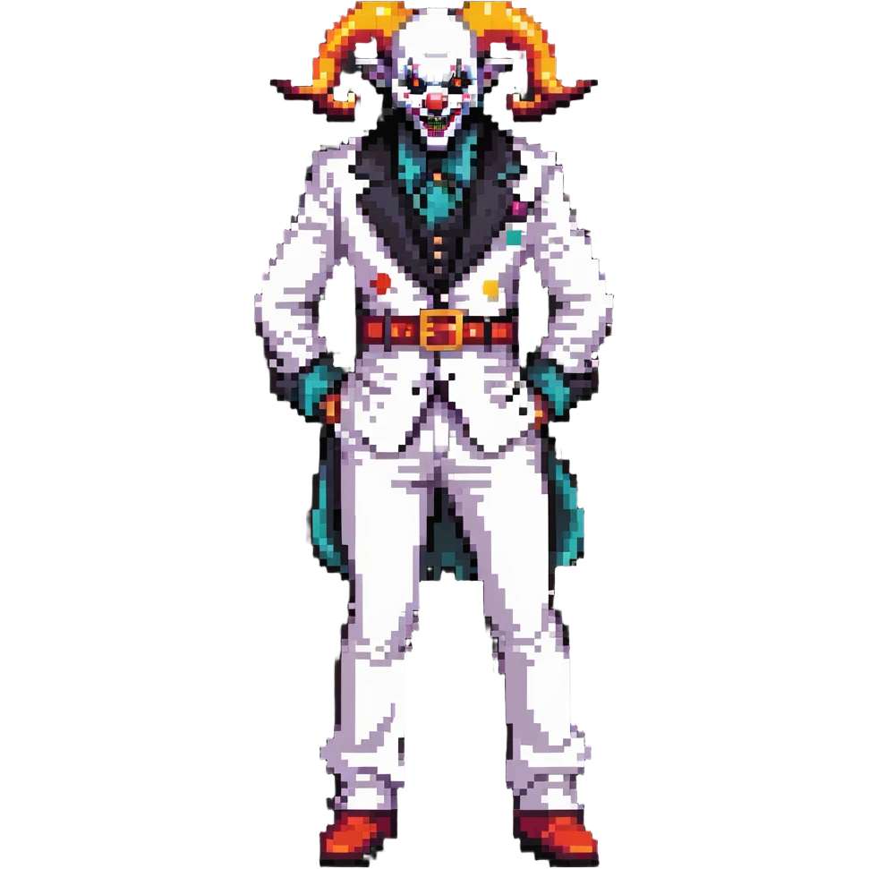 full-body demonic clown in a white leisure suit with bellbottom pants, bald, with black ram horns, flashy belt, ruffled shirt, no neck tie, large fangs in mouth emoji