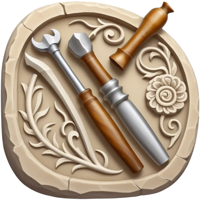 Stone, bone, and horn carving icon, detailed carving tools like chisels and gouges, pieces of stone, bone, and horn with intricate patterns, visible carvings in progress, minimalistic style, clean lines, transparent background. emoji