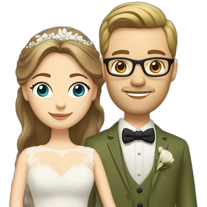 Wedding couple. Bride has brown hair pinned up. She wears lace dress. She has blue eyes. Groom has olive green suit and brown vest. He has blond hair. He wears glasses. He has blue eyes. emoji