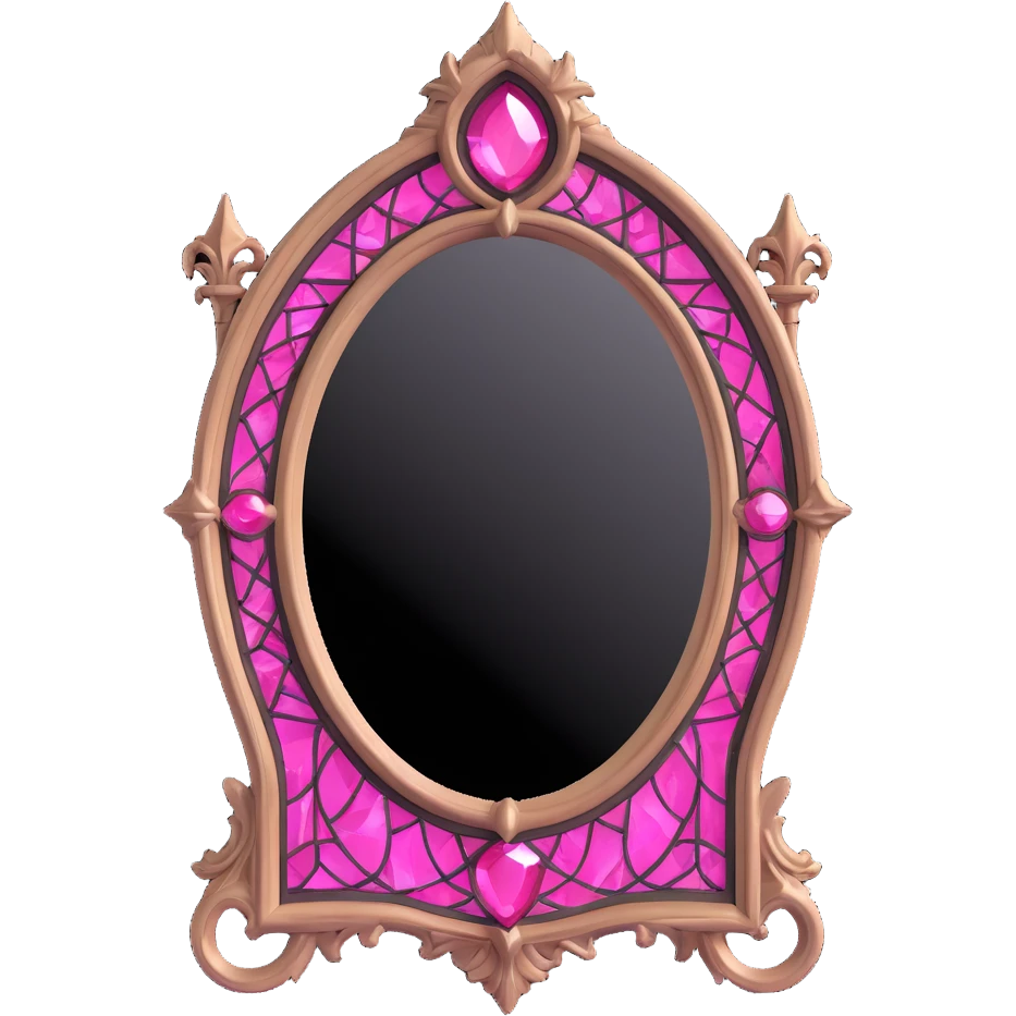3D gothic mirror with pink stained glass inlays, ornate and luminous emoji