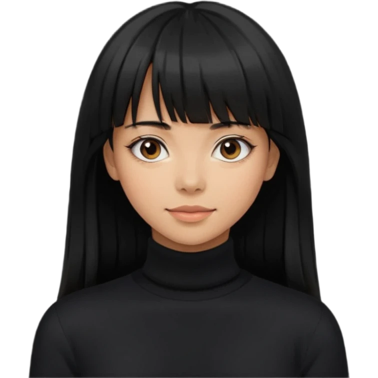 Photograph of a young woman with long, straight black hair and bangs, wearing a black turtleneck sweater. emoji