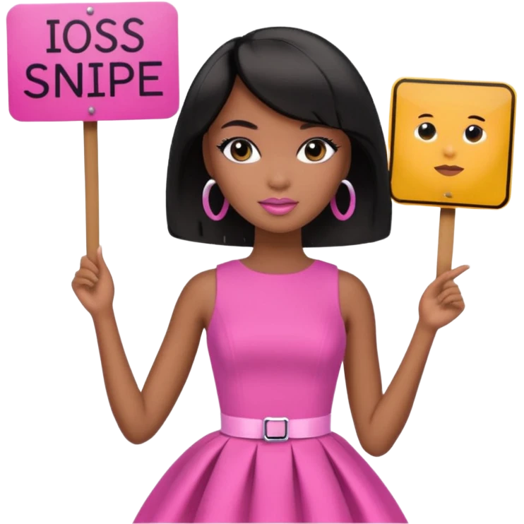 Black barbie, short  black bob  hair, pink dress with a sign that says snipe emoji