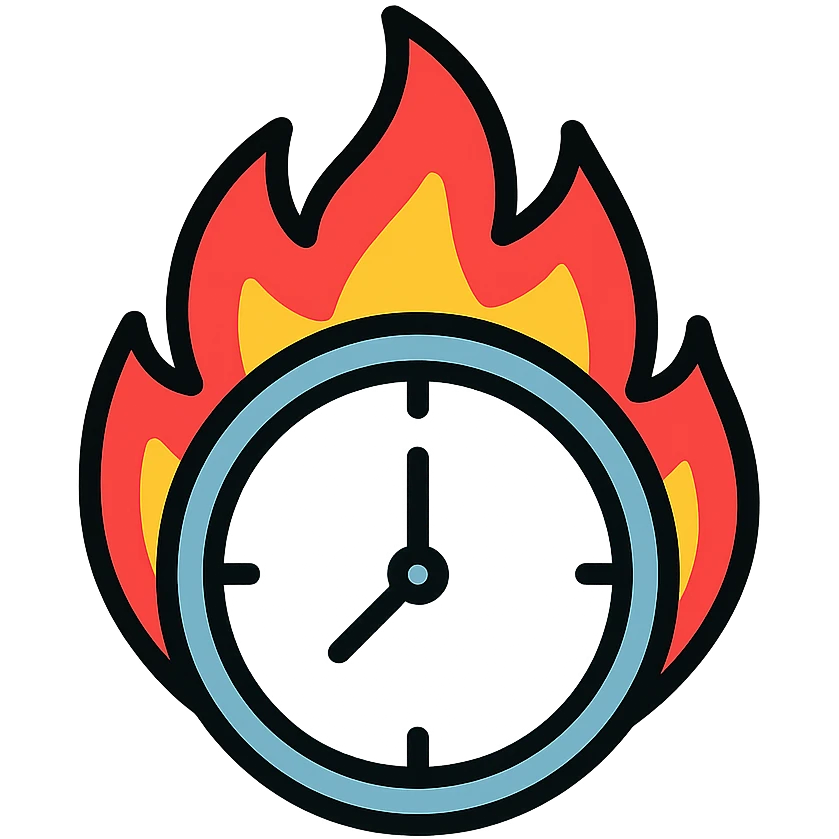 minimal color icon of a round clock with bright vivid flames, clean lines emoji