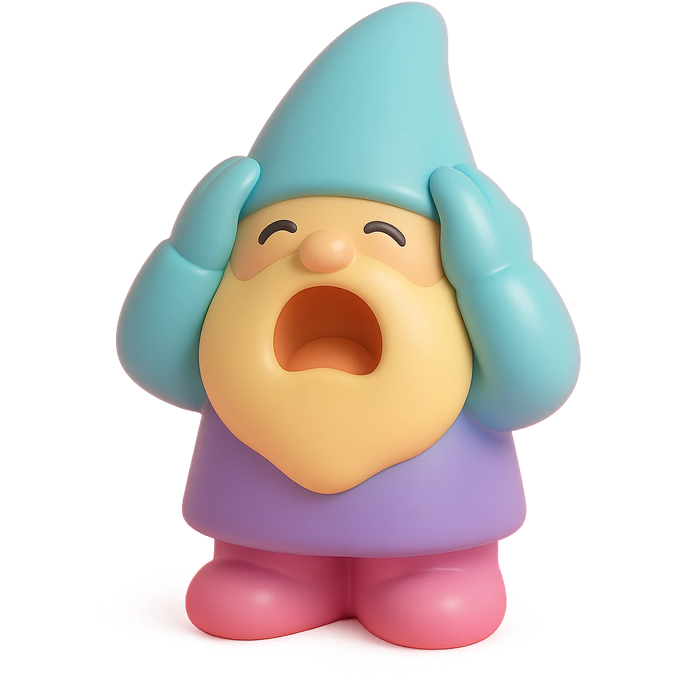 vinyl figure style gnome holding his head and screaming emoji