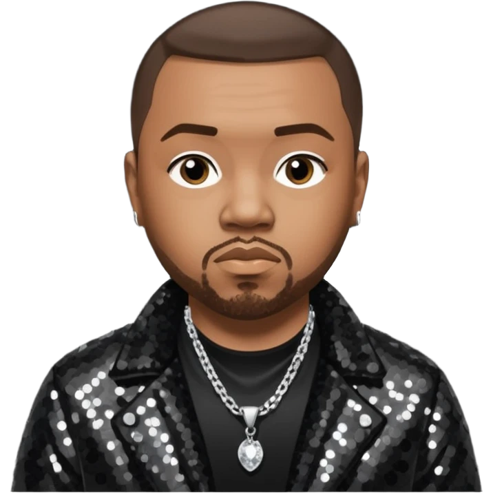 Timbaland with dark brown hair, black sequin jacket, black shirt with necklace emoji