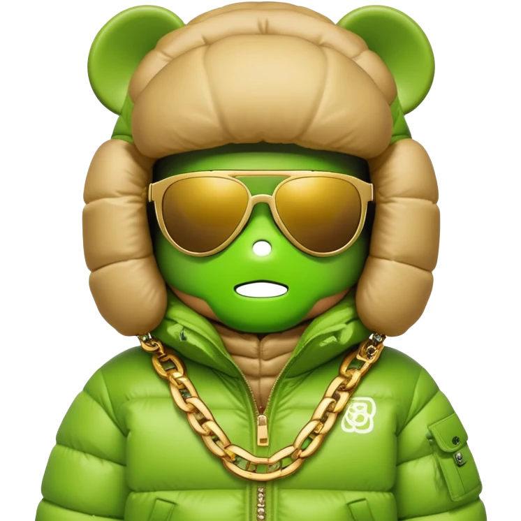 classic bearbrick wearing lime green mask with logo tags, oversized puffy down jacket with lavish fur hood, single-lens visor sunglasses, stacked gold chains, streetwear fashion icon emoji