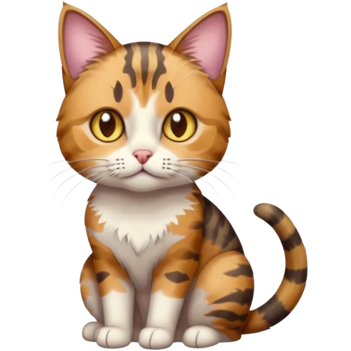full body anxious looking colourful light calico tabby cat with hazel eyes and patchy brown tabby sections of fur emoji
