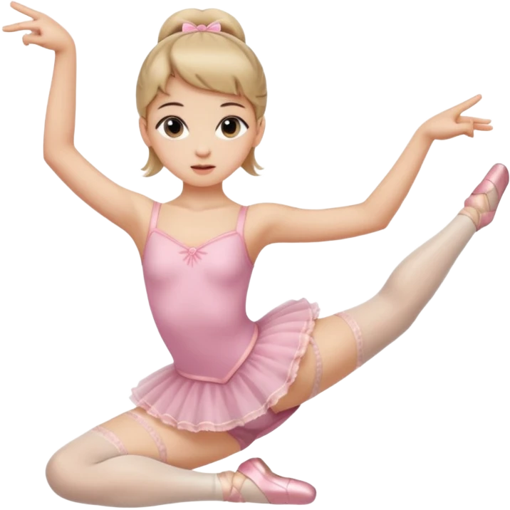 Una chica con vestuario de bailarina con las piernas flexionadas, el dedo índice en la boca, el tren superior inclinado hacia la izquierda y con la cadera proyectada hacia la izquierda emoji