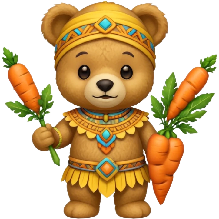 teddy bear, wearing yelloư mayan ancient custome, with carrot half body emoji