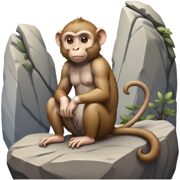 cinematic-elegant macaque-realistic-full-body-sitting-emoji,-compact-muscular-frame-poised-on-a-rocky-outcrop,-short-curled-tail-resting-behind,-head-tilted-dramatically,-thick-dense-fur-in-warm-shades-of-brown-and-grey,-expressive-eyes-filled-with emoji