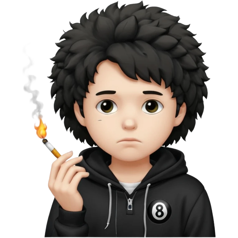 A sad teenager with fluffy hair in a black 8 ball hoodie smoking a ciggarete  emoji