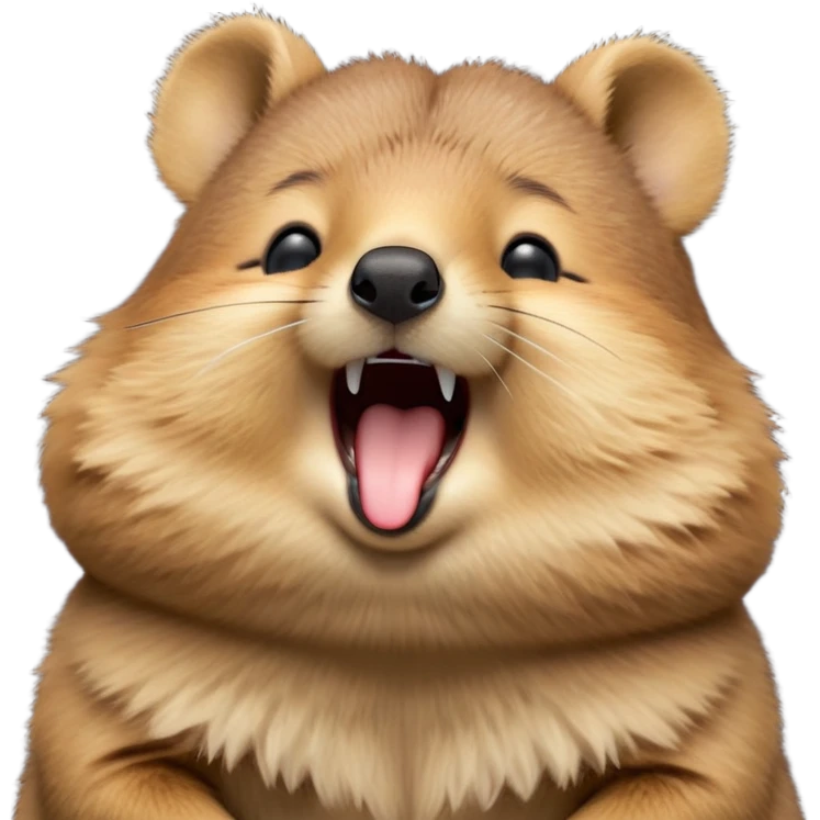 cinematic-realistic  yawning quokka-emoji,-small-round-frame, head tilted in an endearing manner, wouth wide open yawning, sleepy comical smile, round fluffy cheeks, giant-fluffy-cheeks-large-smile-fluffy-brown-fur-radiating-a-warm-softness,-big-round-eyes-filled-with-joy, realistic round  fluffy zoomed in, large black eyes one paw raised in the air emoji