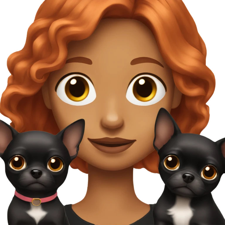 woman with long red hair and brown eyes holding all over black Chihuahua  emoji