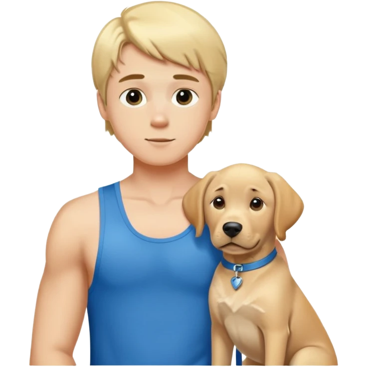 A blond boy in a sexy blue singlet with a picture of a Labrador emoji