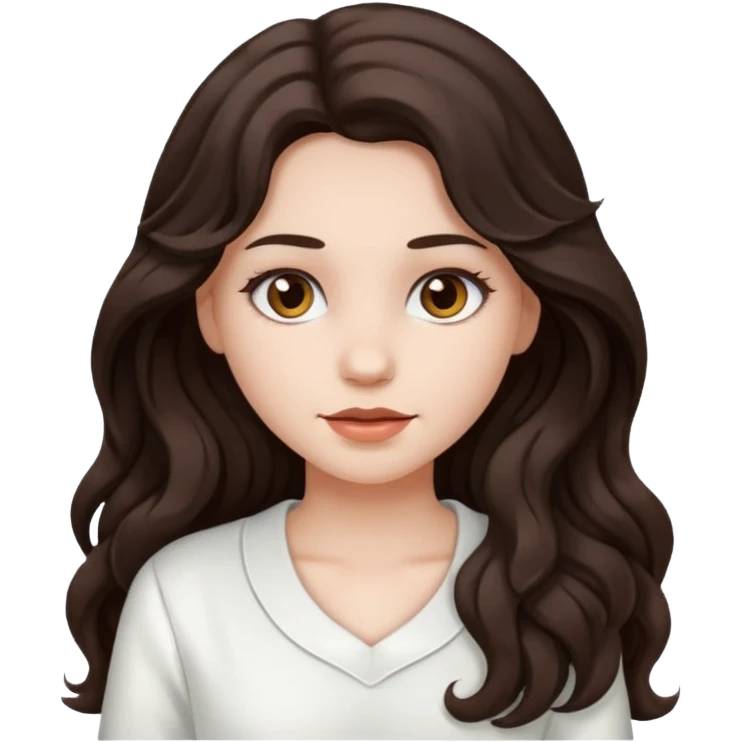 A girl in white with dark brown long wavy hair and very white skin emoji